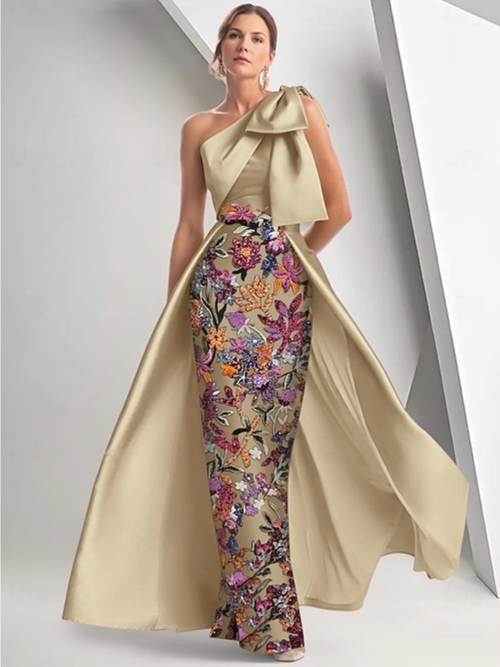 One-Shoulder Cream Evening Gown with Floral Embroidered Skirt